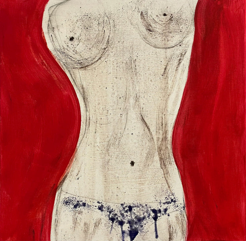 50 x 50 cm, Unikat, 'Weiblicher Akt auf Rot' (HW1-302) - Acrylgemälde von Hagen Wieland