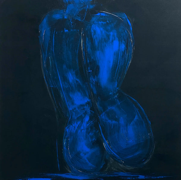 70 x 70 cm, Unikat, 'Weiblicher Akt sitzend Blau auf Schwarz' (HW1-303) - Acrylgemälde von Hagen Wieland