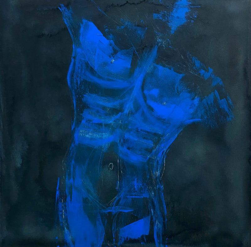 70 x 70 cm, Unikat, 'Männlicher Akt Blau auf Schwarz' (HW1-304) - Acrylgemälde von Hagen Wieland